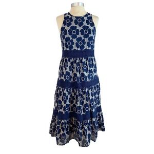 Trina Turk Tiered Midi‎ Dress Size 6 Alana Blue Floral Crochet Lace Resort Boho